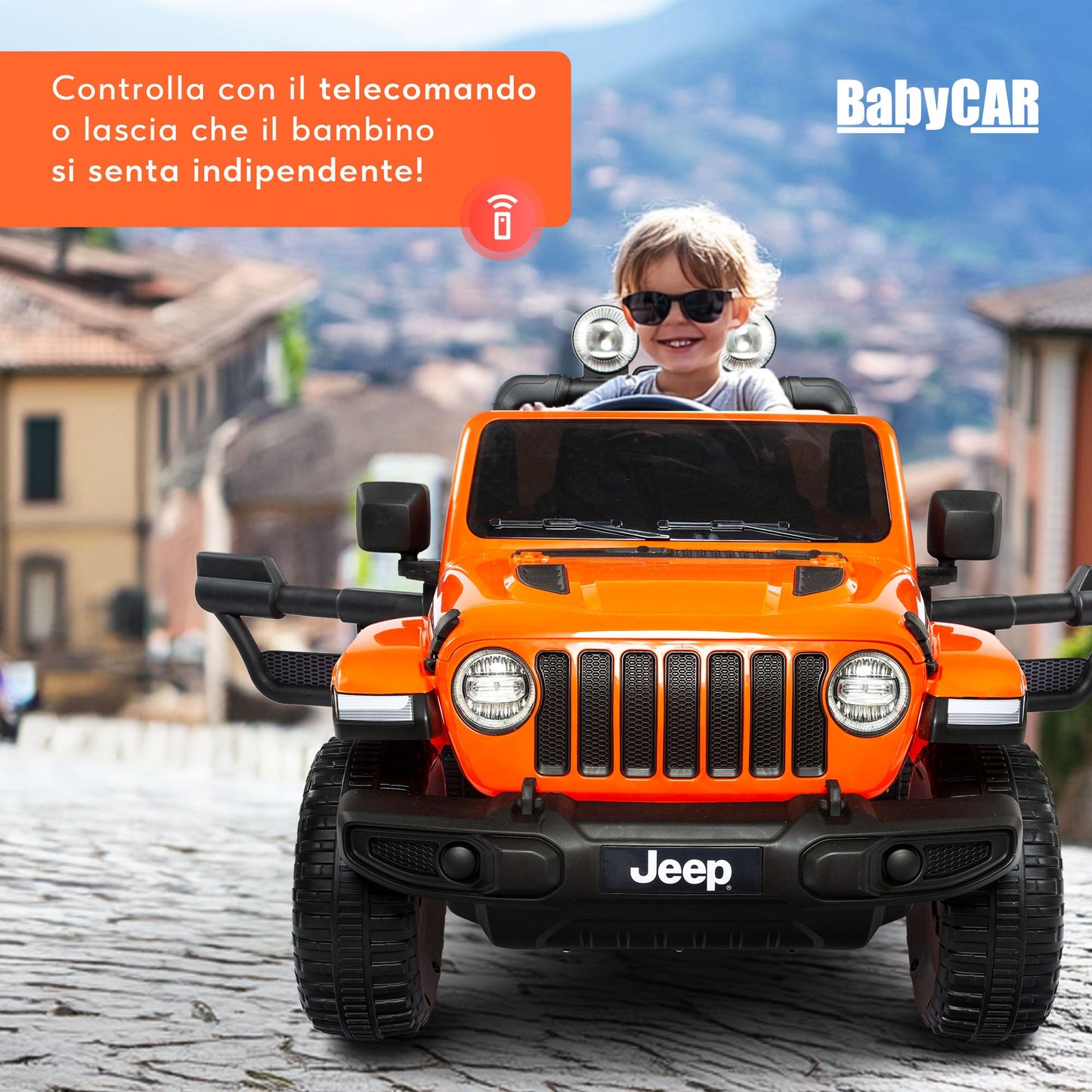 Jeep Wrangler Rubicon Elettrica per Bambini 12V 2 Posti Arancione
