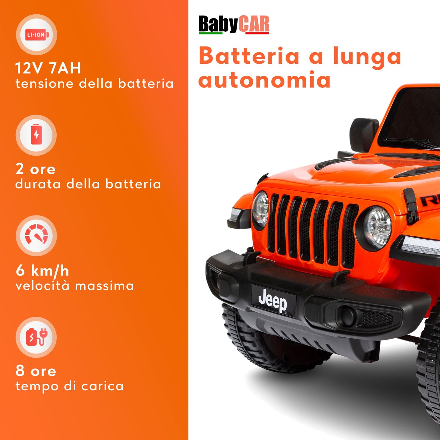 Jeep Wrangler Rubicon Elettrica per Bambini 12V 2 Posti Arancione
