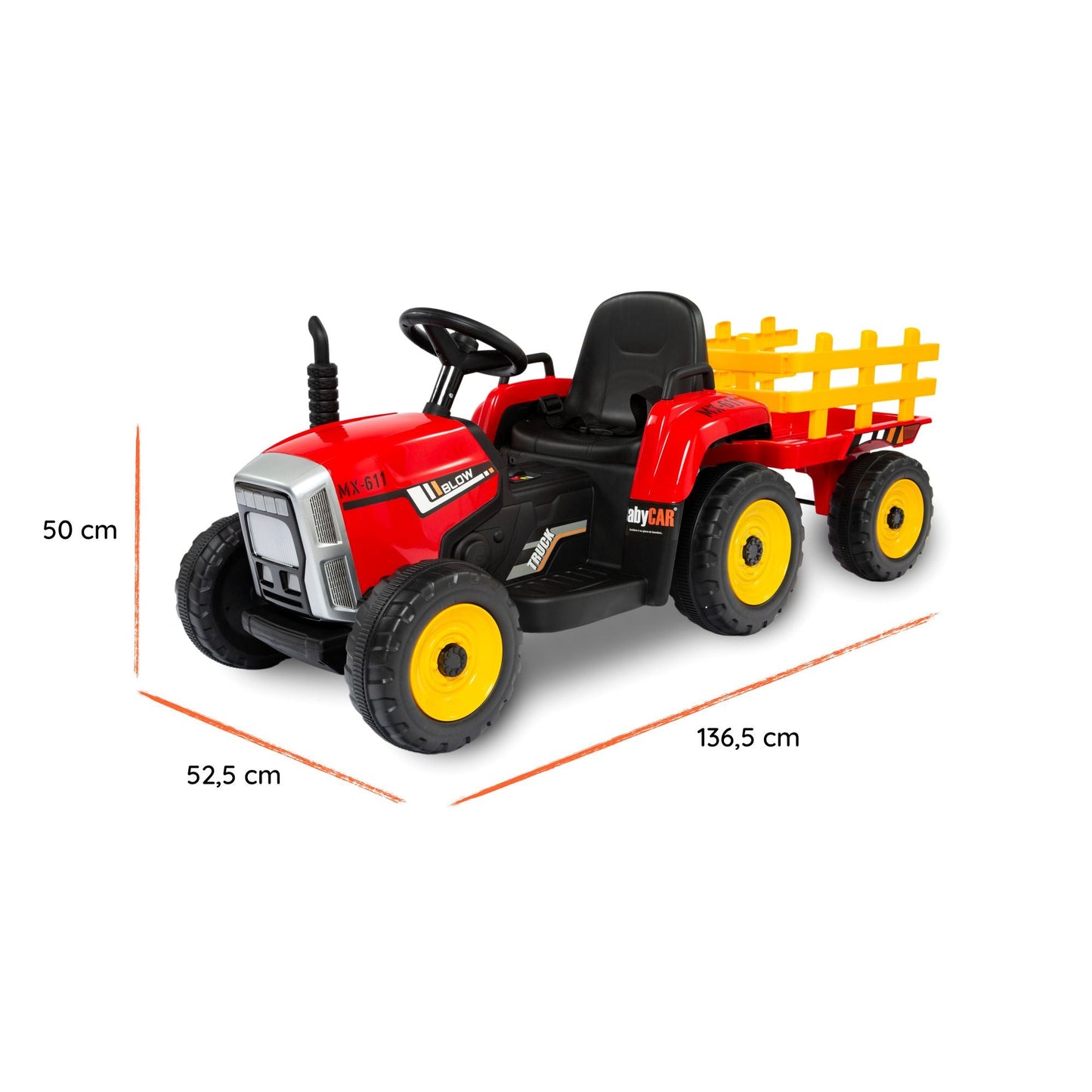 Trattore Elettrico per Bambini 12V con Rimorchio Rosso